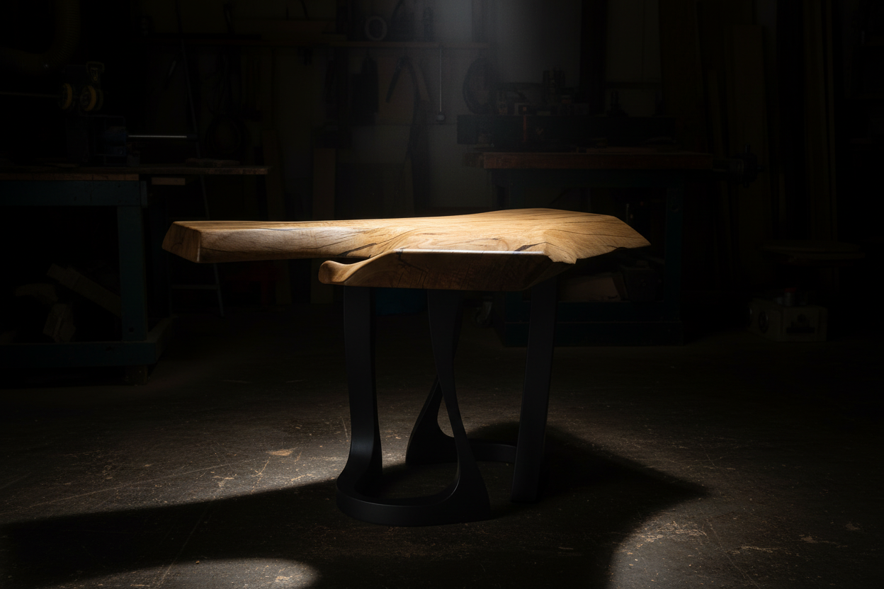 Ash side table under dramatic workshop lighting — Jaeger Design LLC