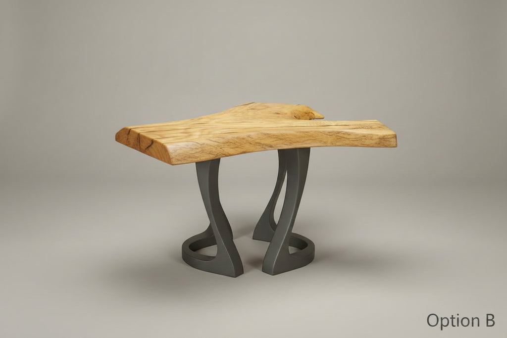 Rustic ash live edge side table with Flowyline Uzar legs, matte black powder coat, clear coat finish — three-quarter studio view on grey background showing wild crotch form, spalted figure, and deep checks