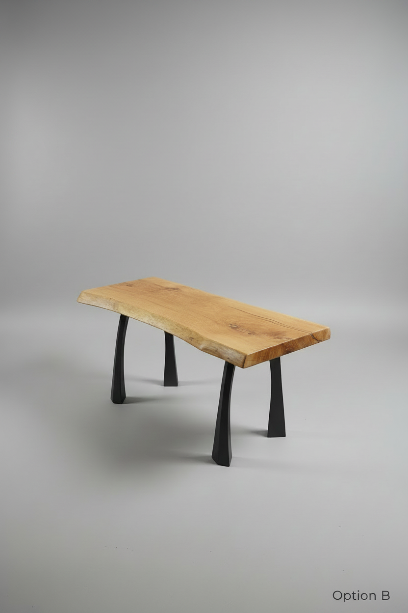 White oak live edge bench with Flowyline Nura legs, matte black powder coat, clear coat finish — studio shot