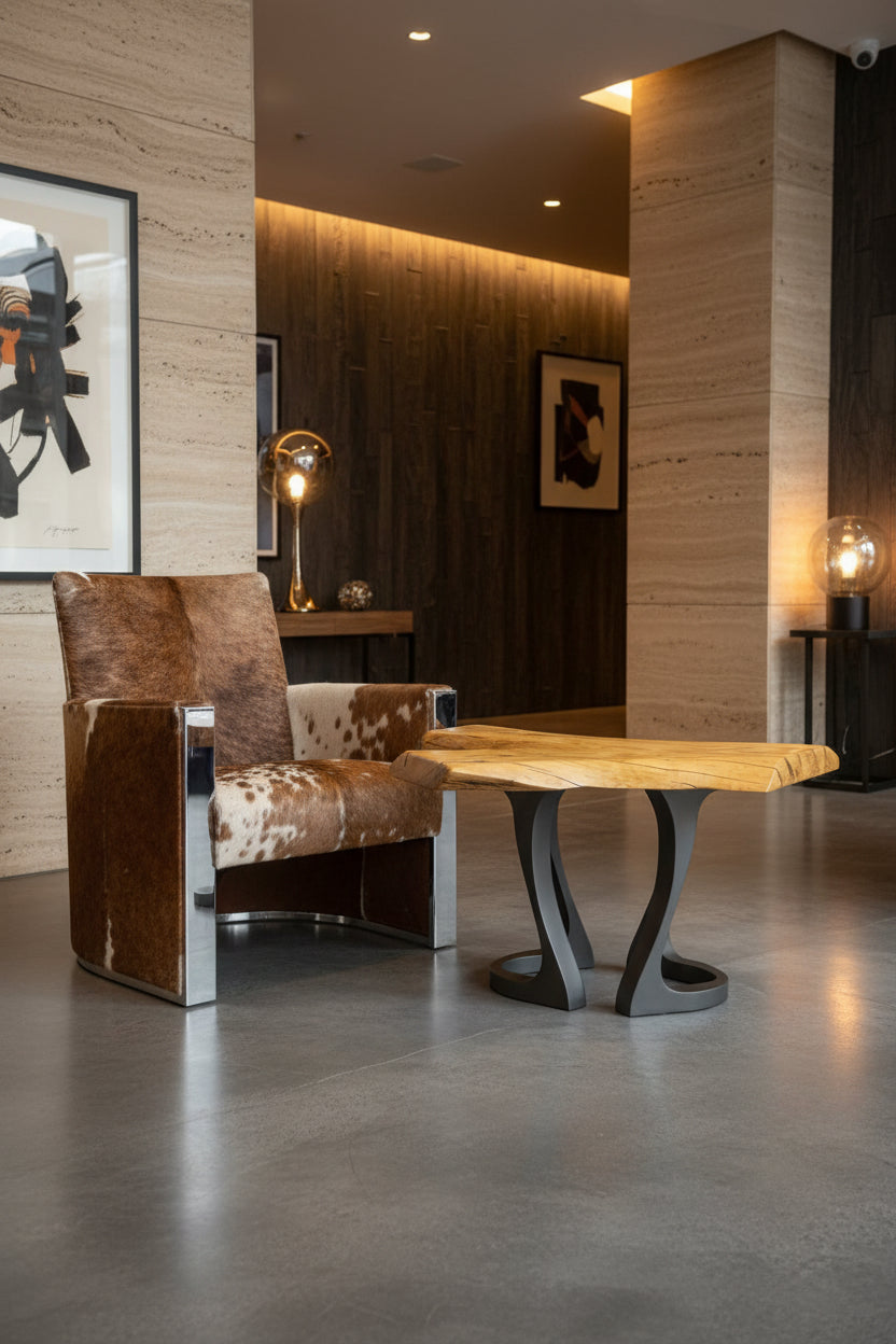 Rustic ash live edge side table with Flowyline Uzar legs, matte black powder coat, clear coat finish — styled in warm upscale interior with cowhide armchair, concrete floors, and globe pendant lighting