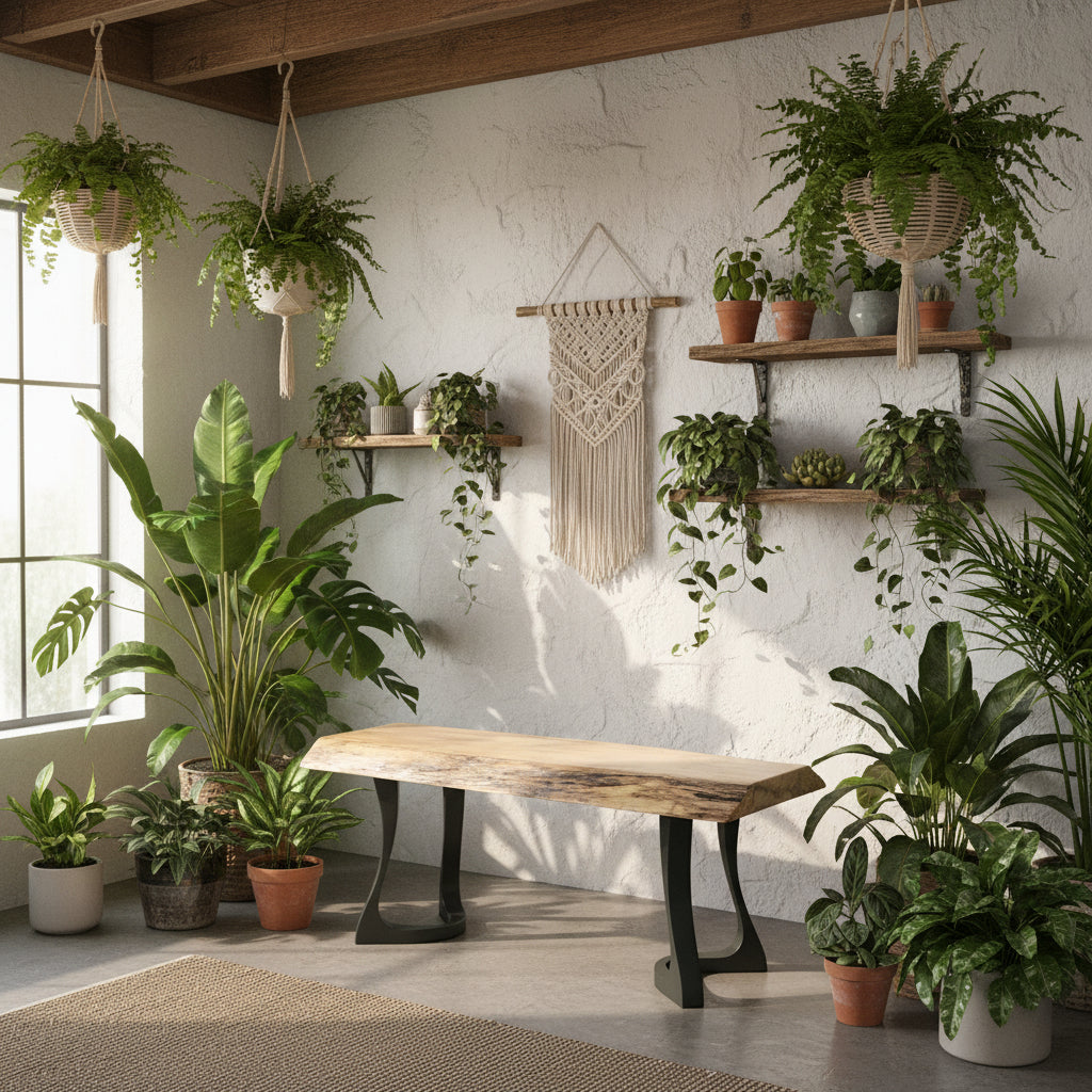 Spalted maple live edge bench with Flowyline Uzar legs, matte black powder coat, clear coat finish — styled in botanical interior with hanging plants and macramé wall art