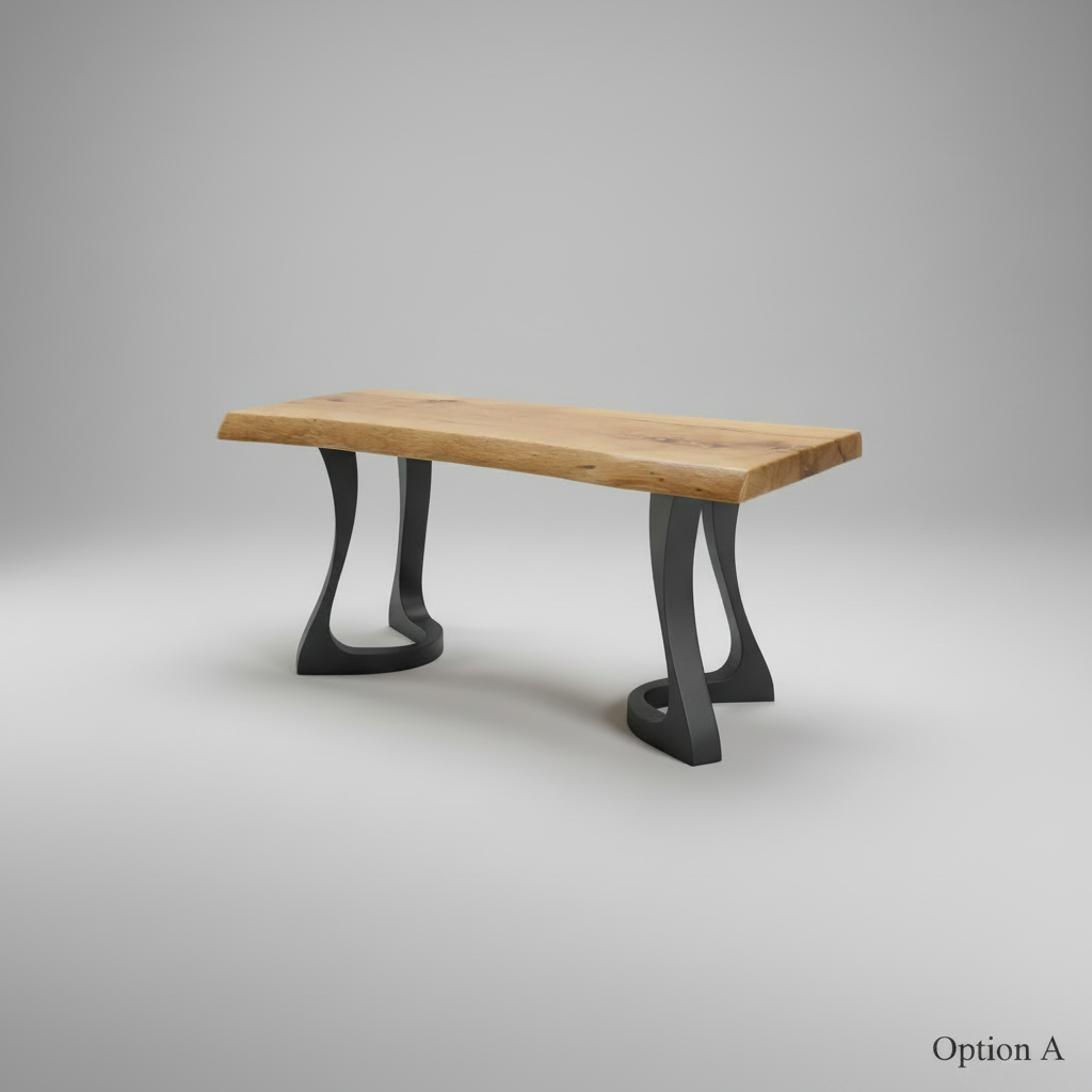 white oak, live edge, metal legs, one-of-a-kind, clear coat, Salvaged live edge white oak bench with minimalistic metal legs